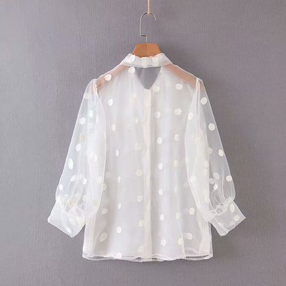 Women's Elegant Stand Collar Polka Dot Blouse Embroidery casual organza blouse shirt women chic perspective white chemise tops LS4077
