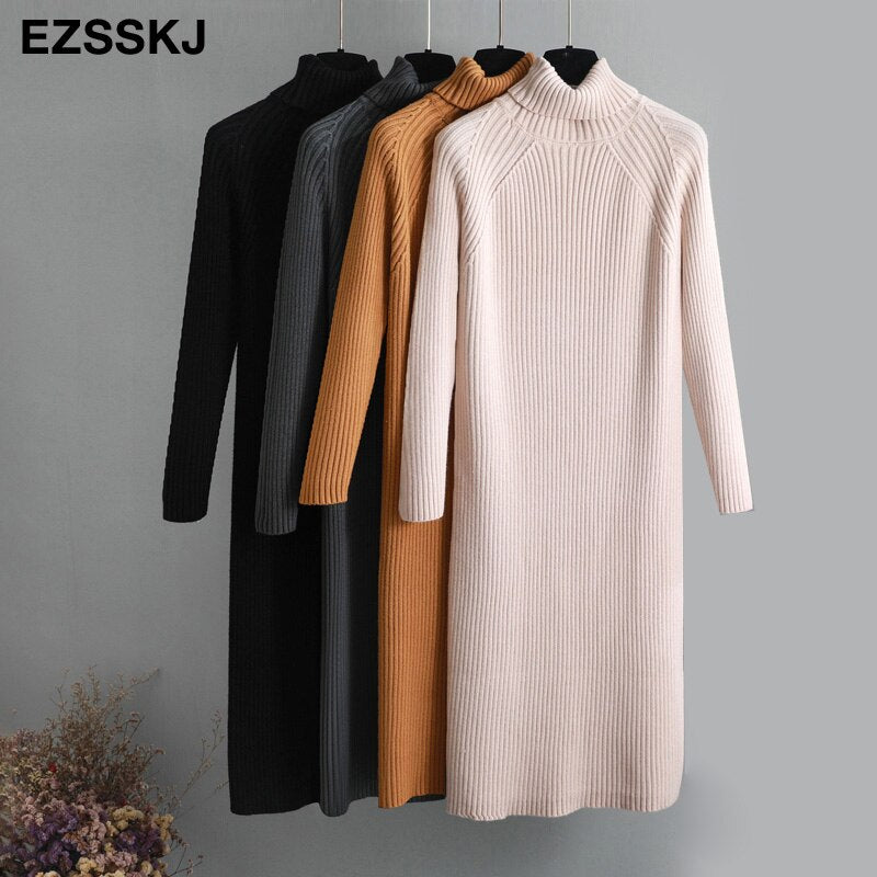 Oversize Lhick Long Coarse Wool Turtleneck Sweater Dress Women's Autumn Winter Female Casual Loose Knit Straight Sweater Dress