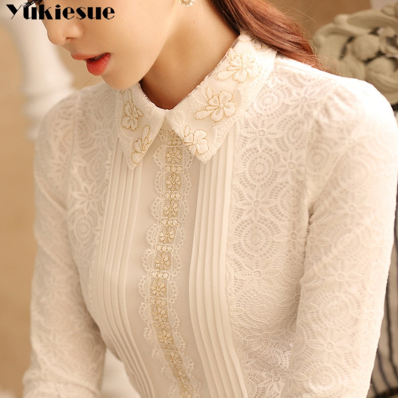 White Lace Blouse Shirt Women's Tops and Long Sleeve Thick Warm Winter Women Shirts Elegant
Blusas Plus Sizes