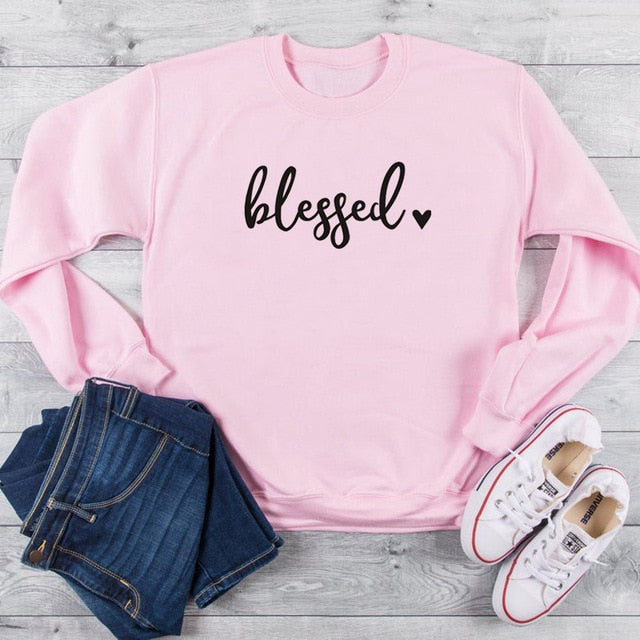 Blessed Heart Sweater Women Girls Religious Clothing Pullover Christian Bible Verse Baptism Cotton Jumper Jesus Blessed Tops