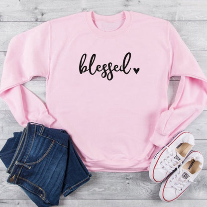 Blessed Heart Sweater Women Girls Religious Clothing Pullover Christian Bible Verse Baptism Cotton Jumper Jesus Blessed Tops