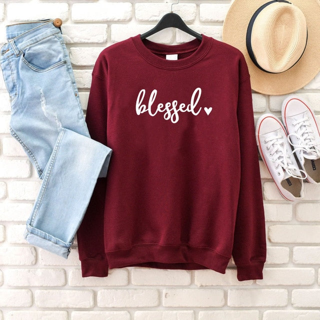 Blessed Heart Sweater Women Girls Religious Clothing Pullover Christian Bible Verse Baptism Cotton Jumper Jesus Blessed Tops