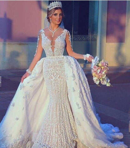 Full Beading Mermaid Wedding Dresses 2020 Detachable Train Arabic Wedding Bridal Gown Long Sleeves Sexy Mermaid Wedding Dress