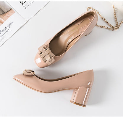Classic Bridal Wedding Shoes Woman Metal Decoration Pumps Bowknot High Heel Designer Brand Chunky Heels Shoes Ladies Dress Pumps
