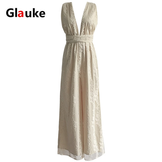 Jumpsuit women summer long V-neck backless lace 2020 new tall waist sexy wide legged pants Ladies Solid Backless Party Romper