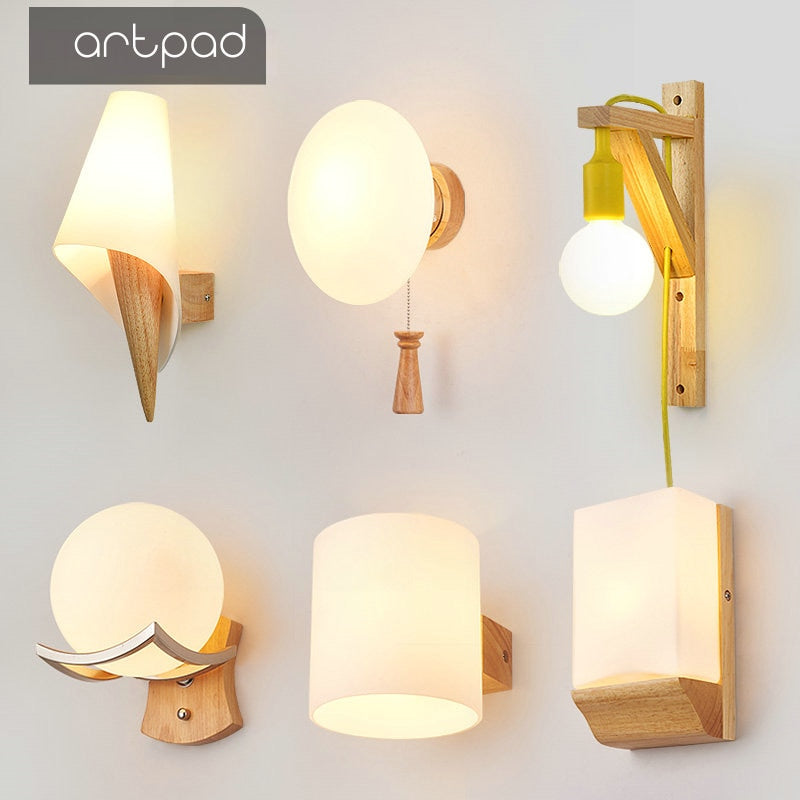 Artpad Scandinavian Nordic Wall Wood Light Glass Lampshade Corridor Balcony Bedside LED Side Wall Lamps Interior for Home Decor