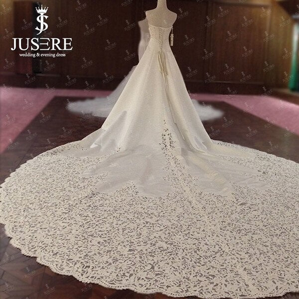 JUSERE Exquisite A-Line Strapless Embroidery Real Pic 3 Meters Long Cathedral Train Satin  Wedding Dress Wedding Gown 2018