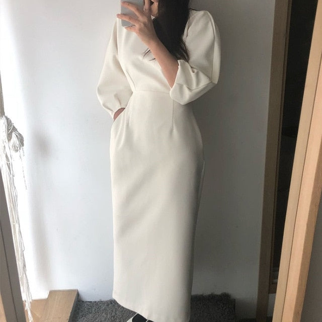 Elegant Ladies Office Dress Fashion Solid Color Dress Women Slim Midi Dress Vestidos OL