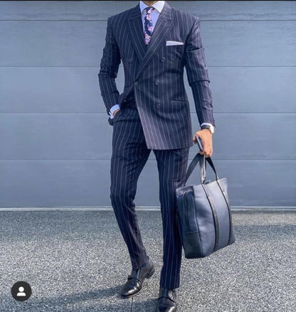 Navy Blue Pinstripe Double Breasted Business Formal Men Suit Slim Fit Men Blazer Casual Coat Jacket Tuxedo Suit with Pants