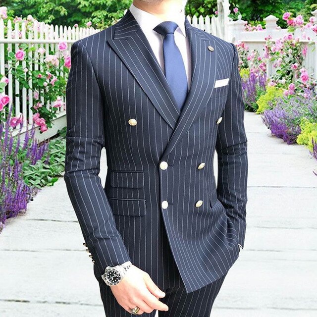 Aesido Men's Suits Prom Tuxedos Slim Fit Classic Stripe Business Blazer Pants