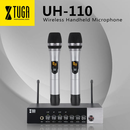 XTUGA UH110 UHF Dual Channel Wireless Handheld Microphone, Easy-to-use Karaoke Bluetooth microphone with Treble/Bass/Echo Effect