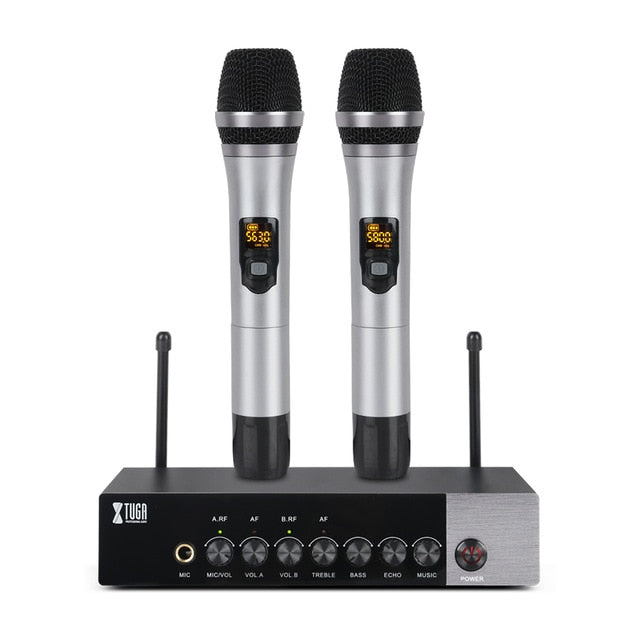 XTUGA UH110 UHF Dual Channel Wireless Handheld Microphone, Easy-to-use Karaoke Bluetooth microphone with Treble/Bass/Echo Effect