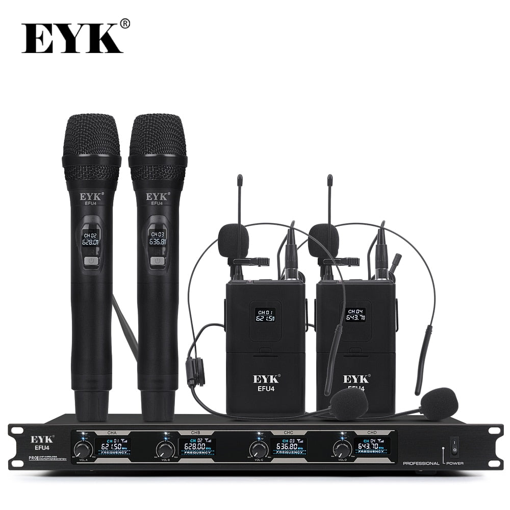 EYK EFU4 4 Channel UHF Wireless Microphone System with 2 Bodypack and 2 Handheld Microfone for Stage Church Family Party Karaoke