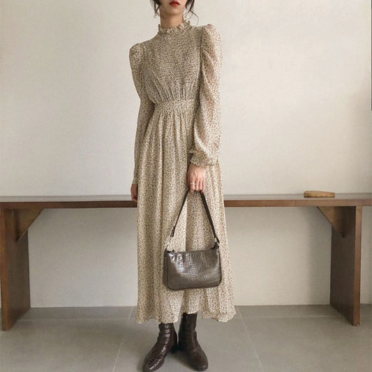 BGTEEVER Vintage Stand Collar Ruched Sleeve A-line Dress Women Floral Print Elastic Waist Female Dress Spring Vestidos femme 202