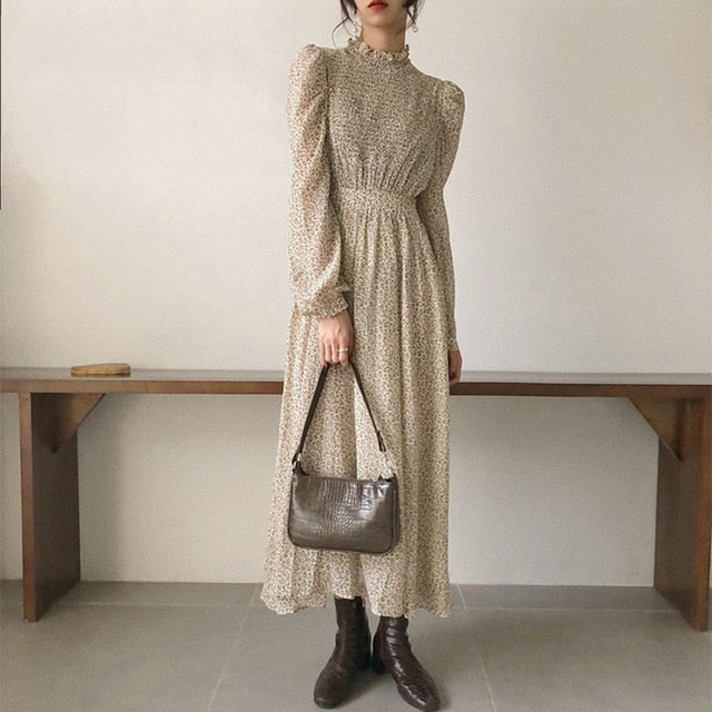 BGTEEVER Vintage Stand Collar Ruched Sleeve A-line Dress Women Floral Print Elastic Waist Female Dress Spring Vestidos femme 202