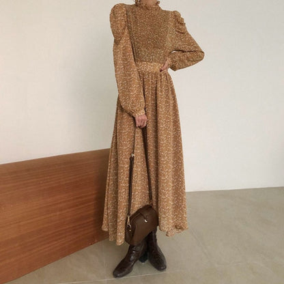 BGTEEVER Vintage Stand Collar Ruched Sleeve A-line Dress Women Floral Print Elastic Waist Female Dress Spring Vestidos femme 202