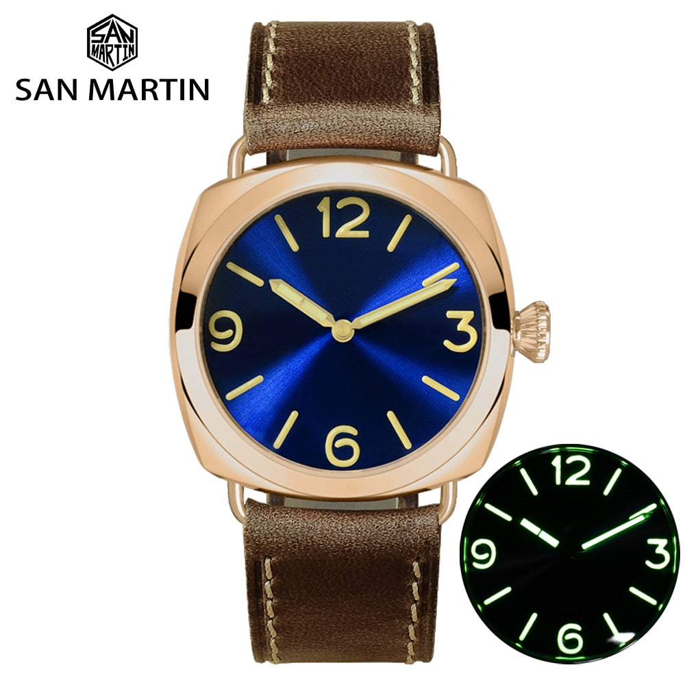 San Martin Vintage Bronze Fashion Simple Automatic Men's Mechanical Watch 200M Water Resistant Holvin Leather Strap Relojes