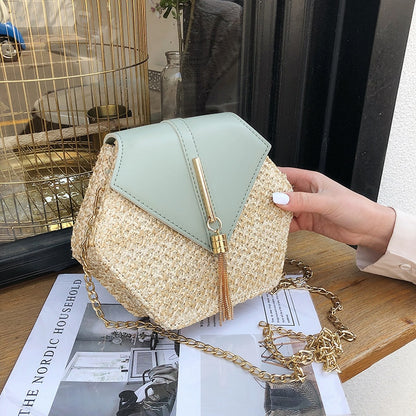 Hexagon Mulit Style Straw+leather Handbag