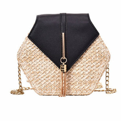 Hexagon Mulit Style Straw+leather Handbag