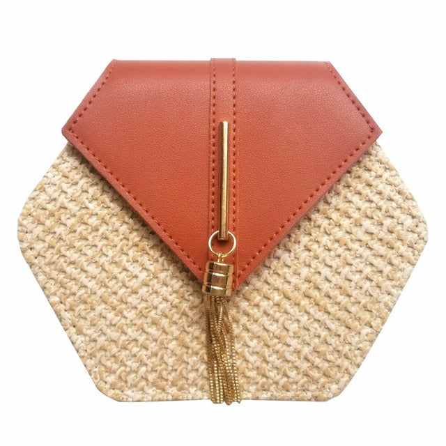 Hexagon Mulit Style Straw+leather Handbag