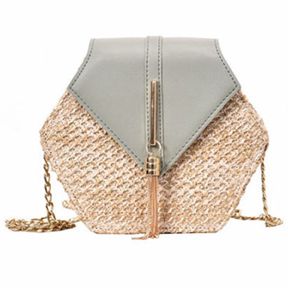 Hexagon Mulit Style Straw+leather Handbag