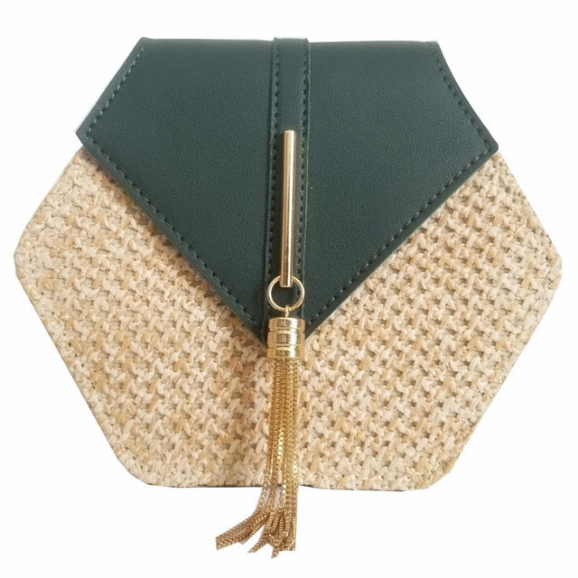 Hexagon Mulit Style Straw+leather Handbag