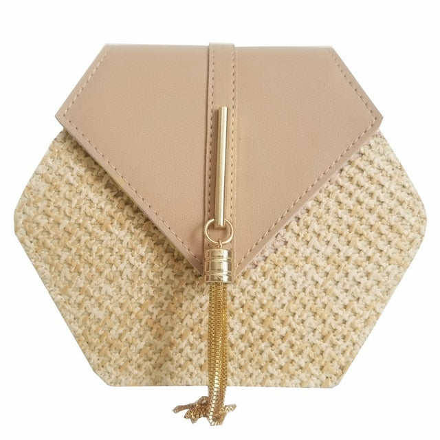 Hexagon Mulit Style Straw+leather Handbag