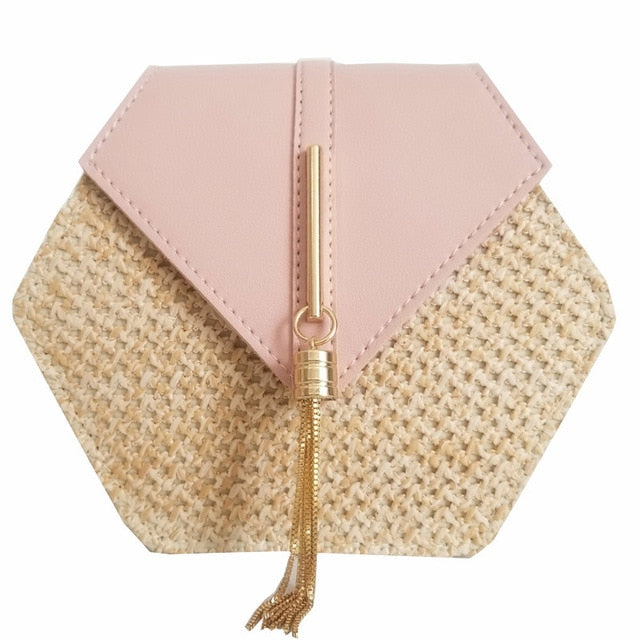 Hexagon Mulit Style Straw+leather Handbag