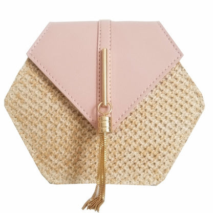Hexagon Mulit Style Straw+leather Handbag