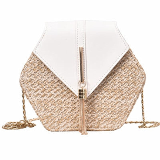 Hexagon Mulit Style Straw+leather Handbag