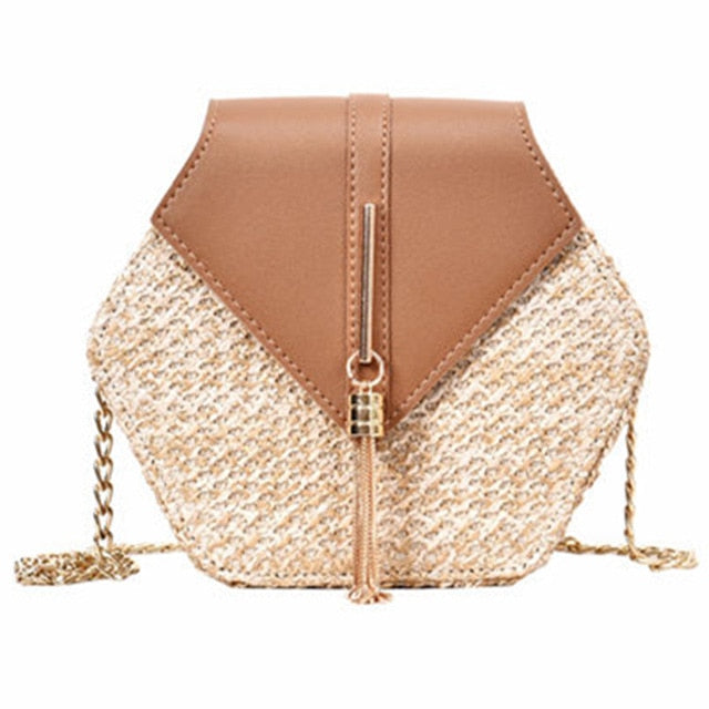 Hexagon Mulit Style Straw+leather Handbag