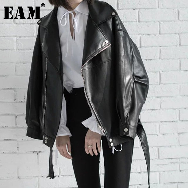 PU Leather Loose Turn-down Collar Zipper Jacket