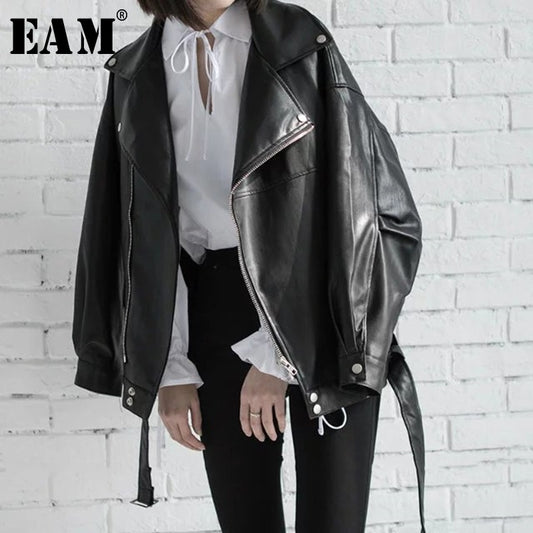 PU Leather Loose Turn-down Collar Zipper Jacket