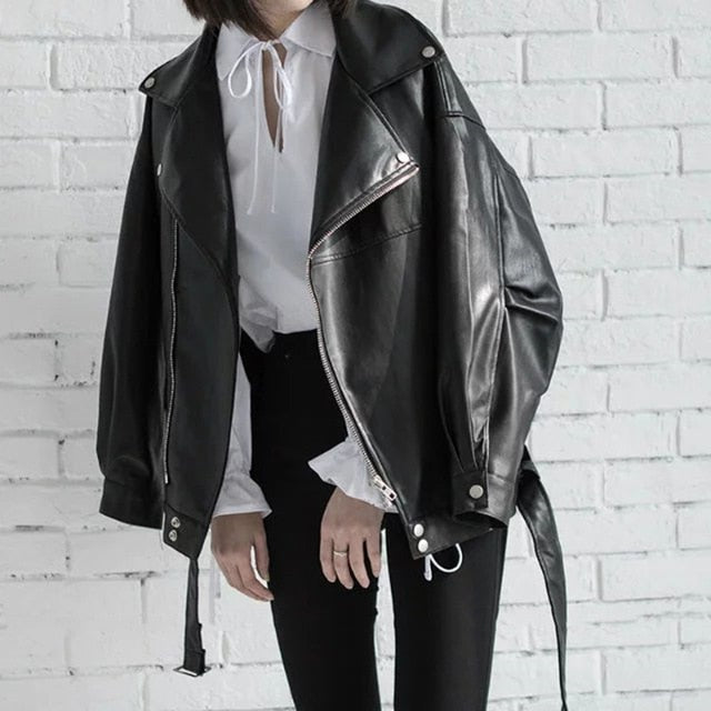 PU Leather Loose Turn-down Collar Zipper Jacket