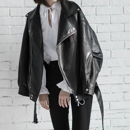 PU Leather Loose Turn-down Collar Zipper Jacket