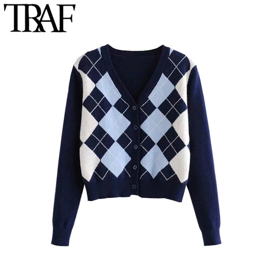 Women's Stylish Geometric Pattern Short Knitted Sweater