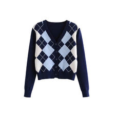 將圖片載入圖庫檢視器 Women&#39;s Stylish Geometric Pattern Short Knitted Sweater
