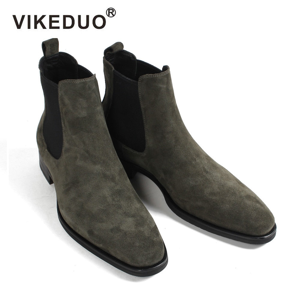 VIKEDUO 2020 Men's Chelsea Boots Suede Autumn Handmade Shoes Male Vintage Green Hiking Ankle Boot Botas Masculino NEW