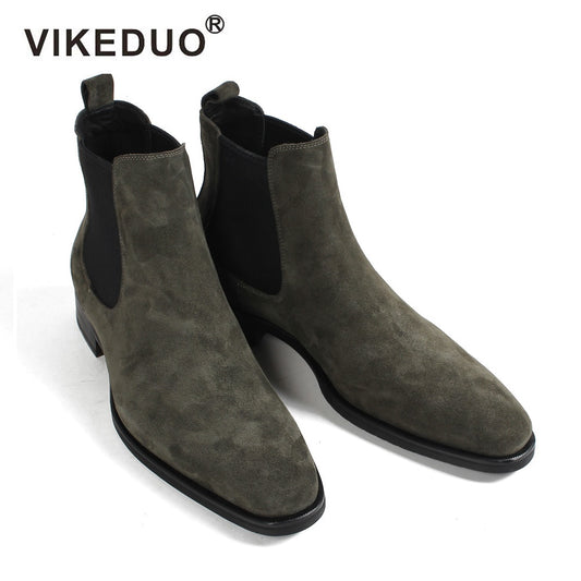 VIKEDUO 2020 Men's Chelsea Boots Suede Autumn Handmade Shoes Male Vintage Green Hiking Ankle Boot Botas Masculino NEW