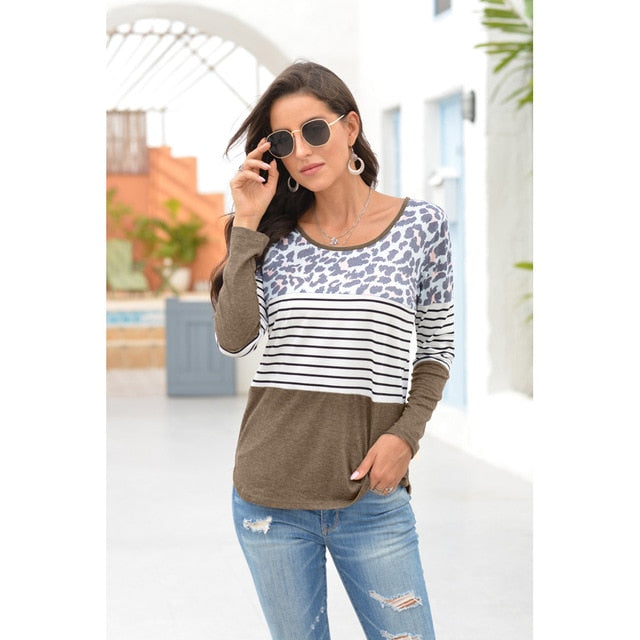Leopard Striped Solid Patchwork Women t shirts Autumn 2020 Casual Top Tees Cotton O-Neck Clothes Female T Shirt Madame Vêtement