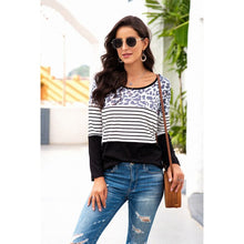 将图片加载到图库查看器，Leopard Striped Solid Patchwork Women t shirts Autumn 2020 Casual Top Tees Cotton O-Neck Clothes Female T Shirt Madame Vêtement
