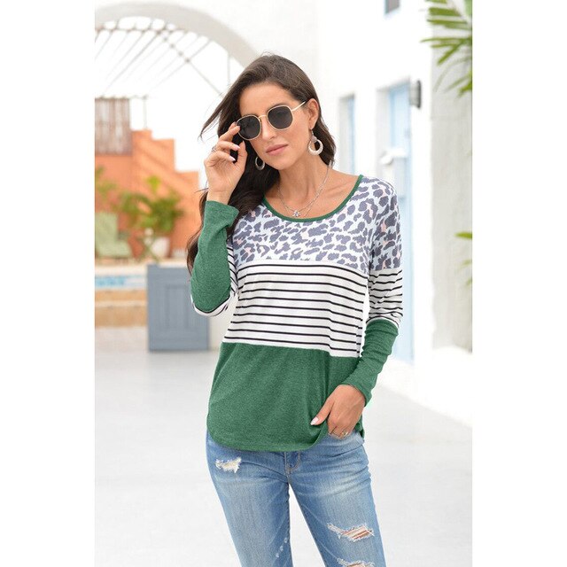 Leopard Striped Solid Patchwork Women t shirts Autumn 2020 Casual Top Tees Cotton O-Neck Clothes Female T Shirt Madame Vêtement