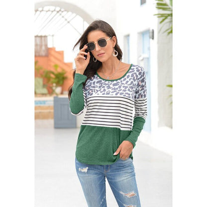 Leopard Striped Solid Patchwork Women t shirts Autumn 2020 Casual Top Tees Cotton O-Neck Clothes Female T Shirt Madame Vêtement