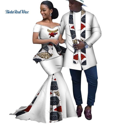 African Print Long Patchwork Dresses for Women Bazin Riche Men's Top Shirt Couple Clothing African Lovers Couple Clothes WYQ253