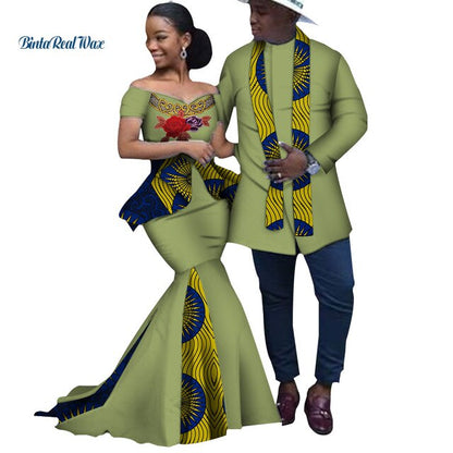 African Print Long Patchwork Dresses for Women Bazin Riche Men's Top Shirt Couple Clothing African Lovers Couple Clothes WYQ253