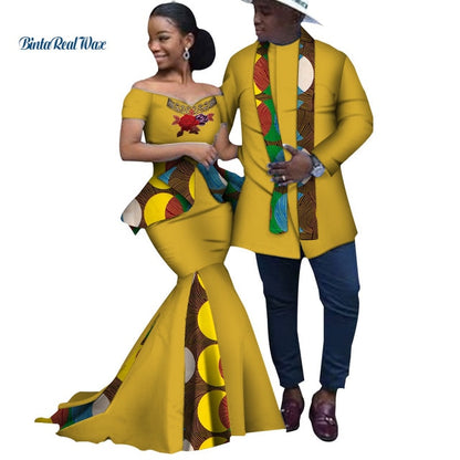 African Print Long Patchwork Dresses for Women Bazin Riche Men's Top Shirt Couple Clothing African Lovers Couple Clothes WYQ253