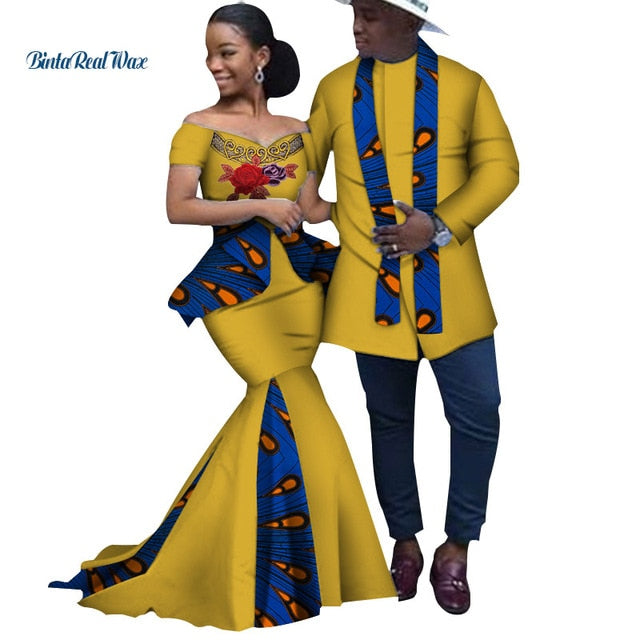African Print Long Patchwork Dresses for Women Bazin Riche Men's Top Shirt Couple Clothing African Lovers Couple Clothes WYQ253