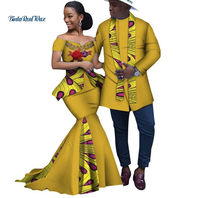 African Print Long Patchwork Dresses for Women Bazin Riche Men's Top Shirt Couple Clothing African Lovers Couple Clothes WYQ253