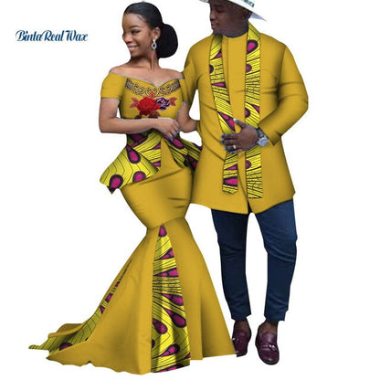 African Print Long Patchwork Dresses for Women Bazin Riche Men's Top Shirt Couple Clothing African Lovers Couple Clothes WYQ253