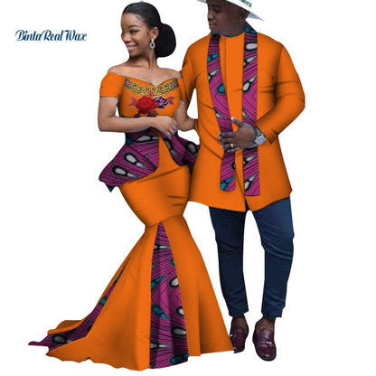 African Print Long Patchwork Dresses for Women Bazin Riche Men's Top Shirt Couple Clothing African Lovers Couple Clothes WYQ253